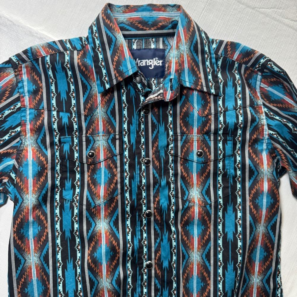 Wrangler Boys Southwest Aztec Pearl Snap Western Shirt Blue Black Size Small